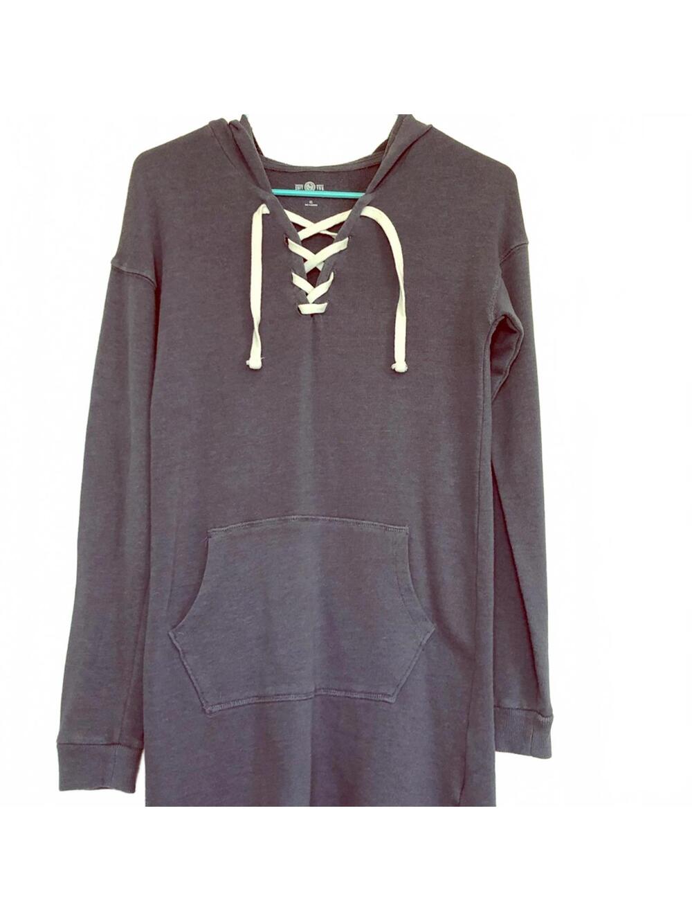 Blue Sweatshirt Hoodie Dress with Shoestring Detail Casual Loungewear